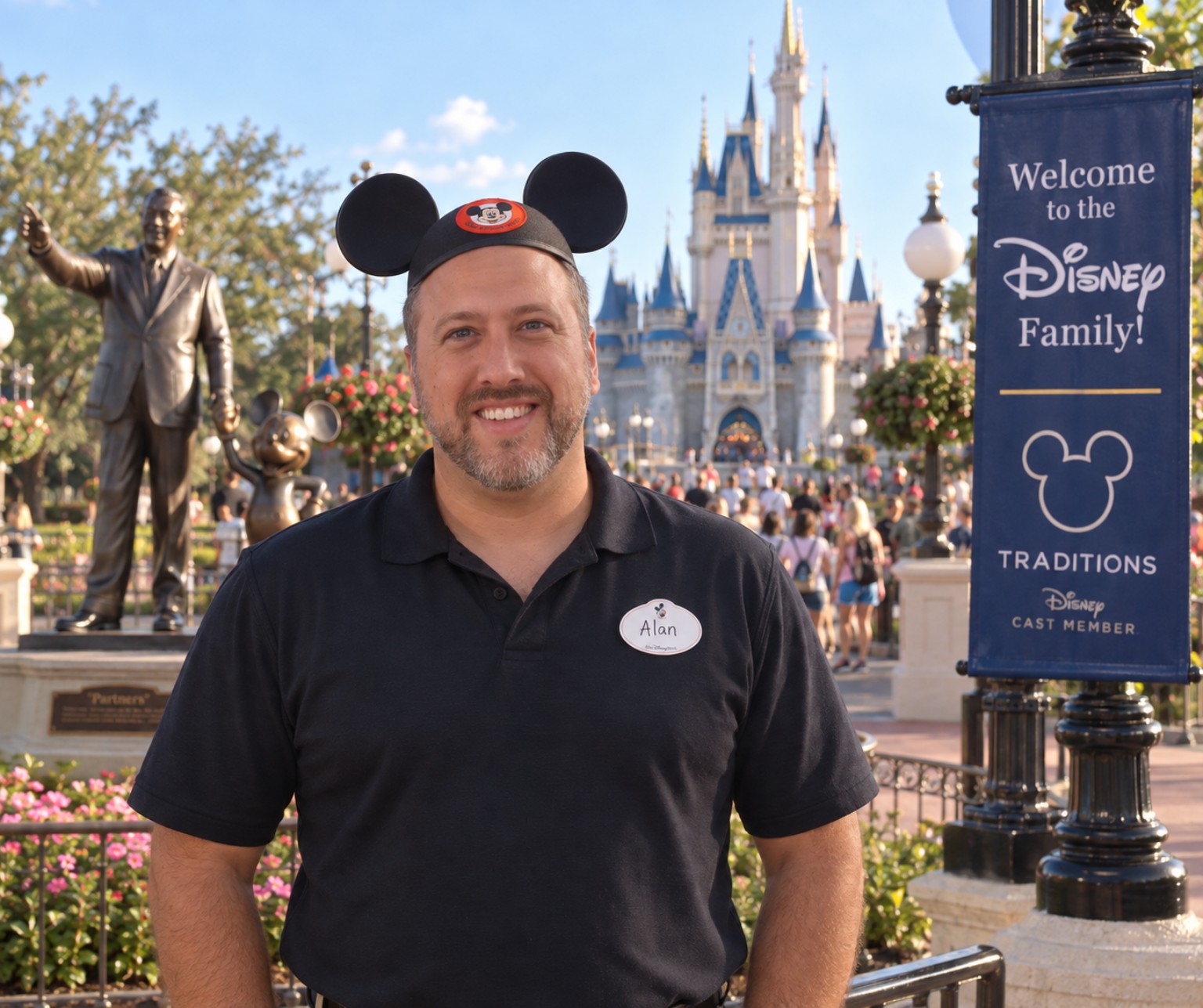 AI-created portrait representing Alan’s Disney Traditions day, wearing Mickey ears in front of Cinderella Castle.