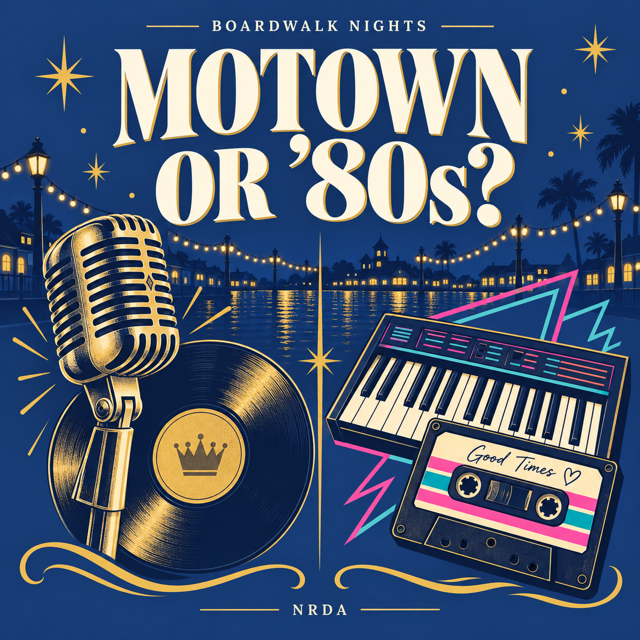 Blue, gold, and cream illustration of a vintage microphone, record, cassette, and keyboard with the words Motown or ’80s?
