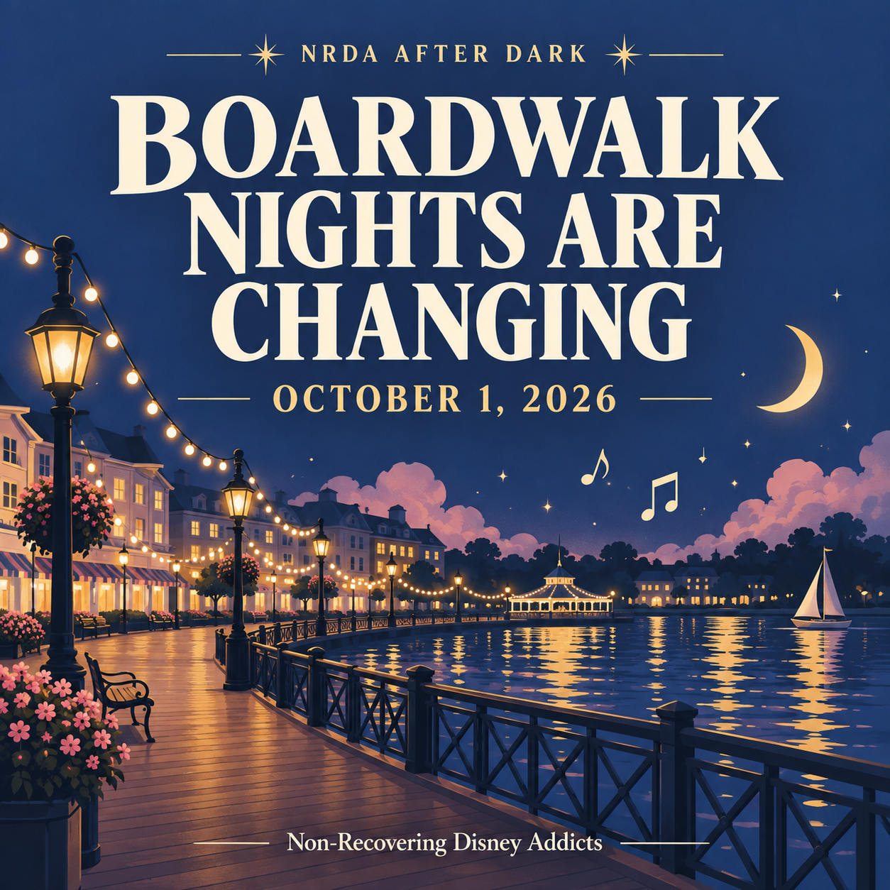NRDA After Dark illustration: BoardWalk nights are changing October 1, 2026, above a stylized waterfront at night.