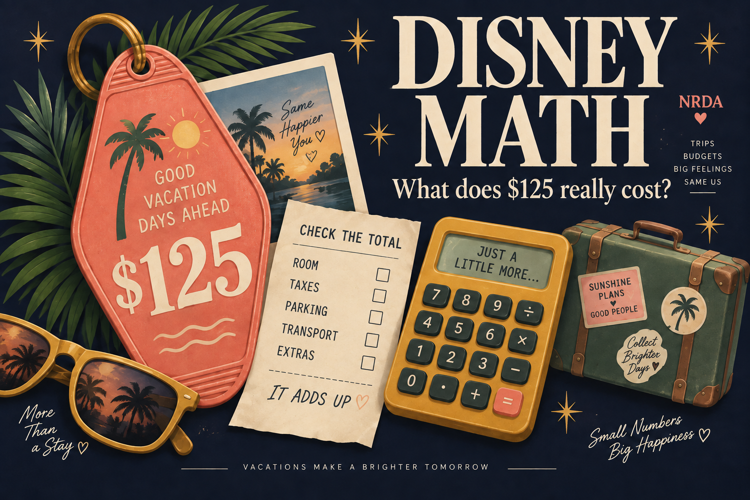 Disney Math illustration with a $125 hotel key tag, calculator, suitcase, and checklist of travel costs.