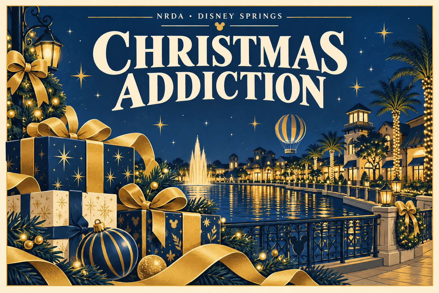 Blue and gold holiday illustration with gifts and a waterfront promenade, titled Christmas Addiction.