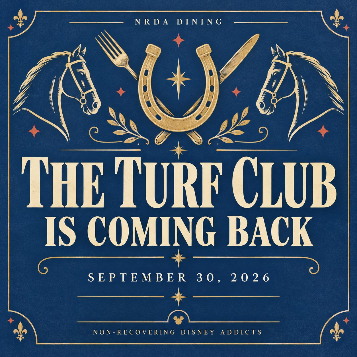 Blue-and-gold NRDA graphic announcing The Turf Club reopening September 30, 2026.