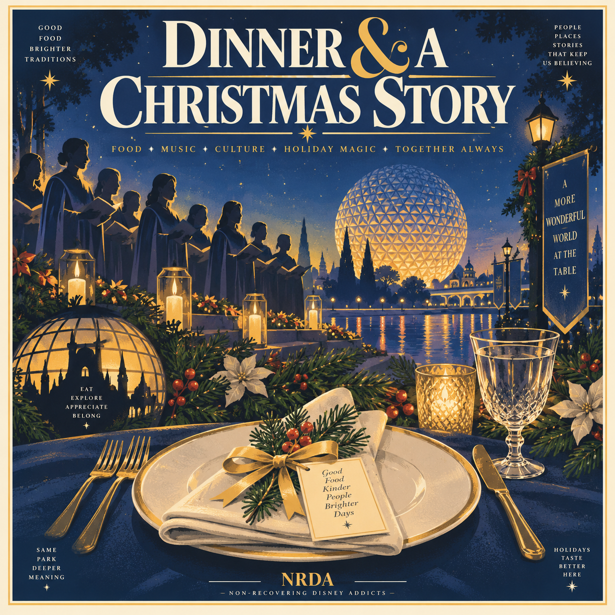 Original NRDA illustration of a candlelit choir and holiday dinner setting.