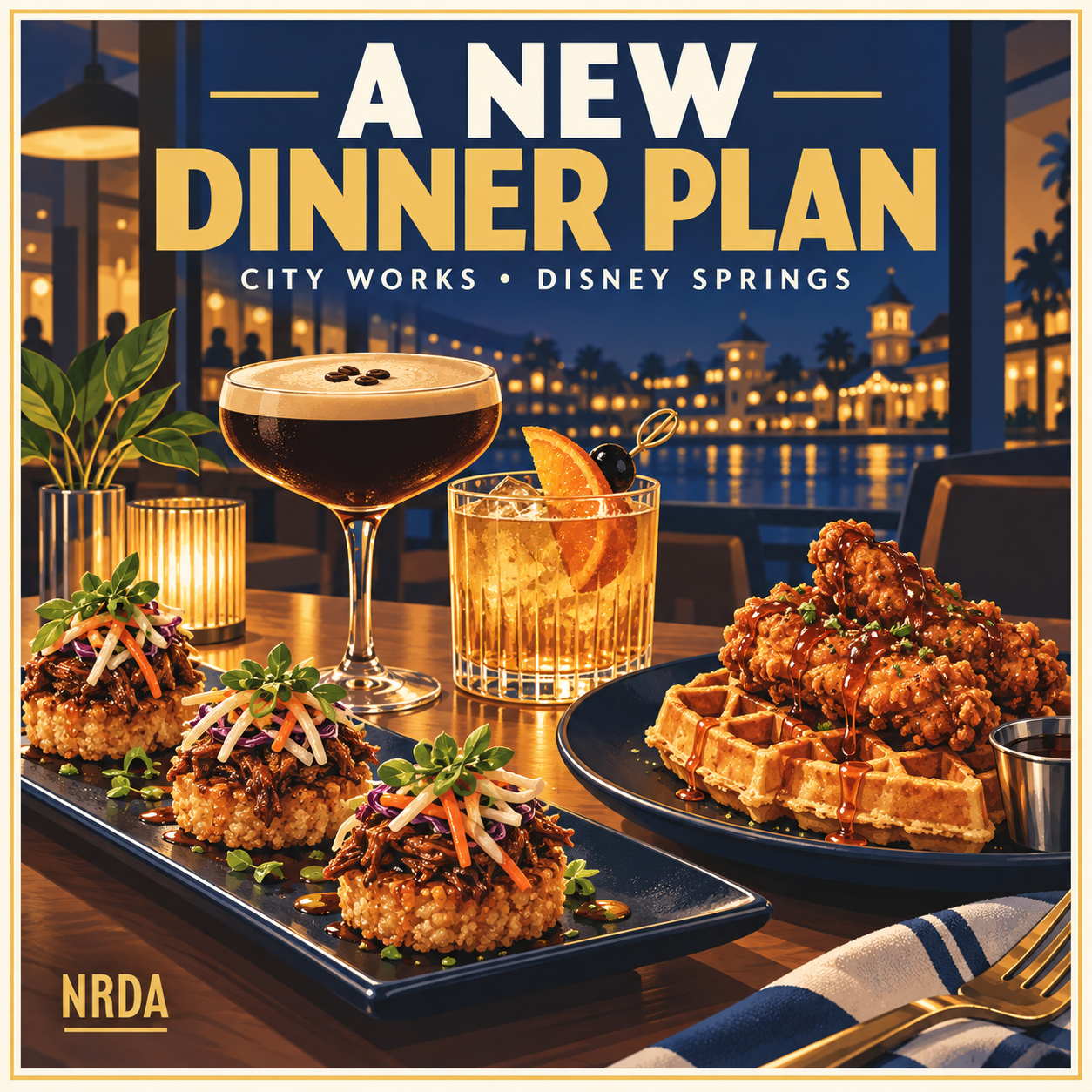 NRDA conceptual illustration of brisket crispy rice, chicken and waffles, and cocktails for the City Works seasonal menu preview.