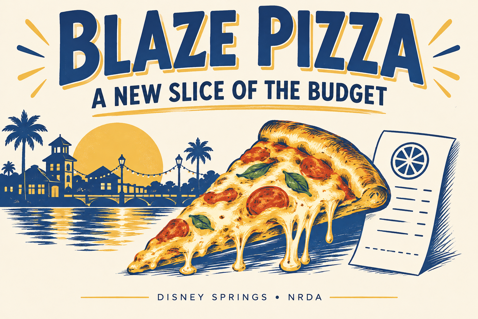 Original illustrated pizza slice and receipt with Blaze Pizza budget-update headline.