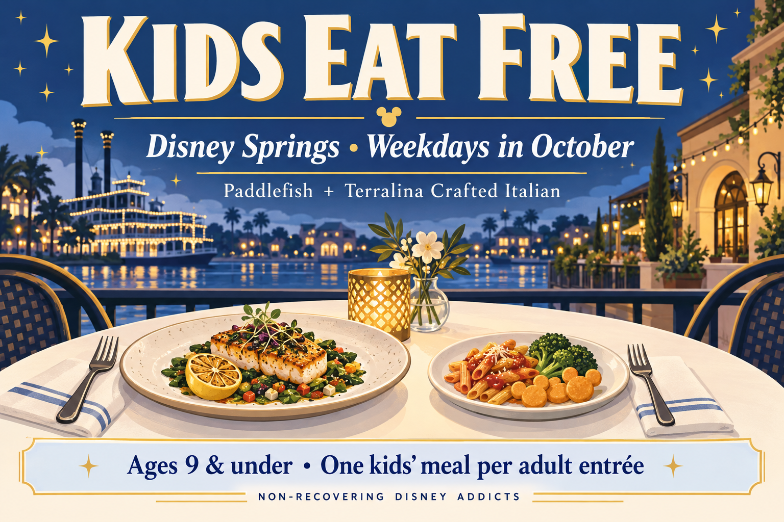 NRDA illustration announcing weekday October kids-eat-free offers at Paddlefish and Terralina for ages 9 and under with an adult entrée purchase.