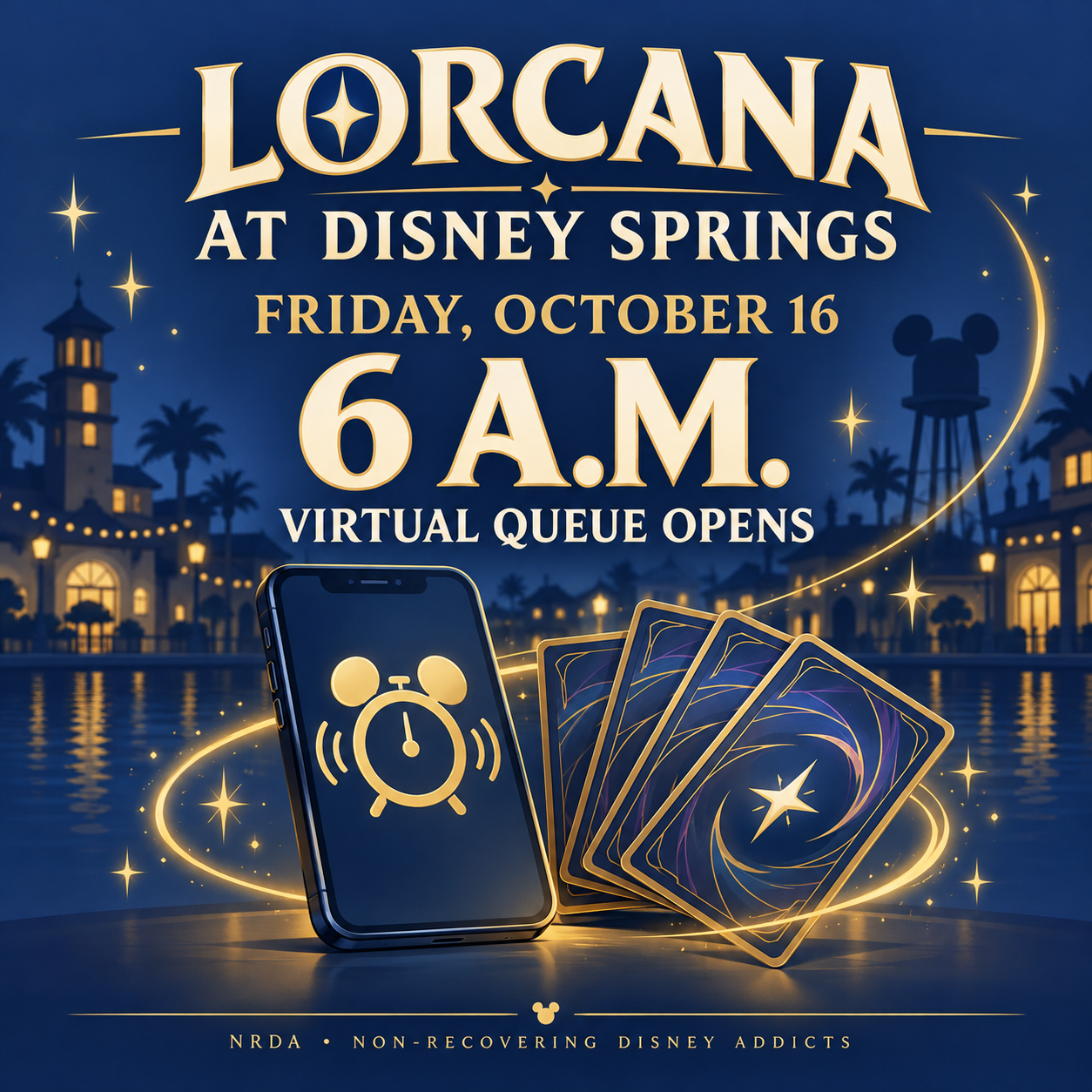 Blue and gold NRDA illustration reminding Lorcana collectors that the October 16 virtual queue opens at 6 a.m.