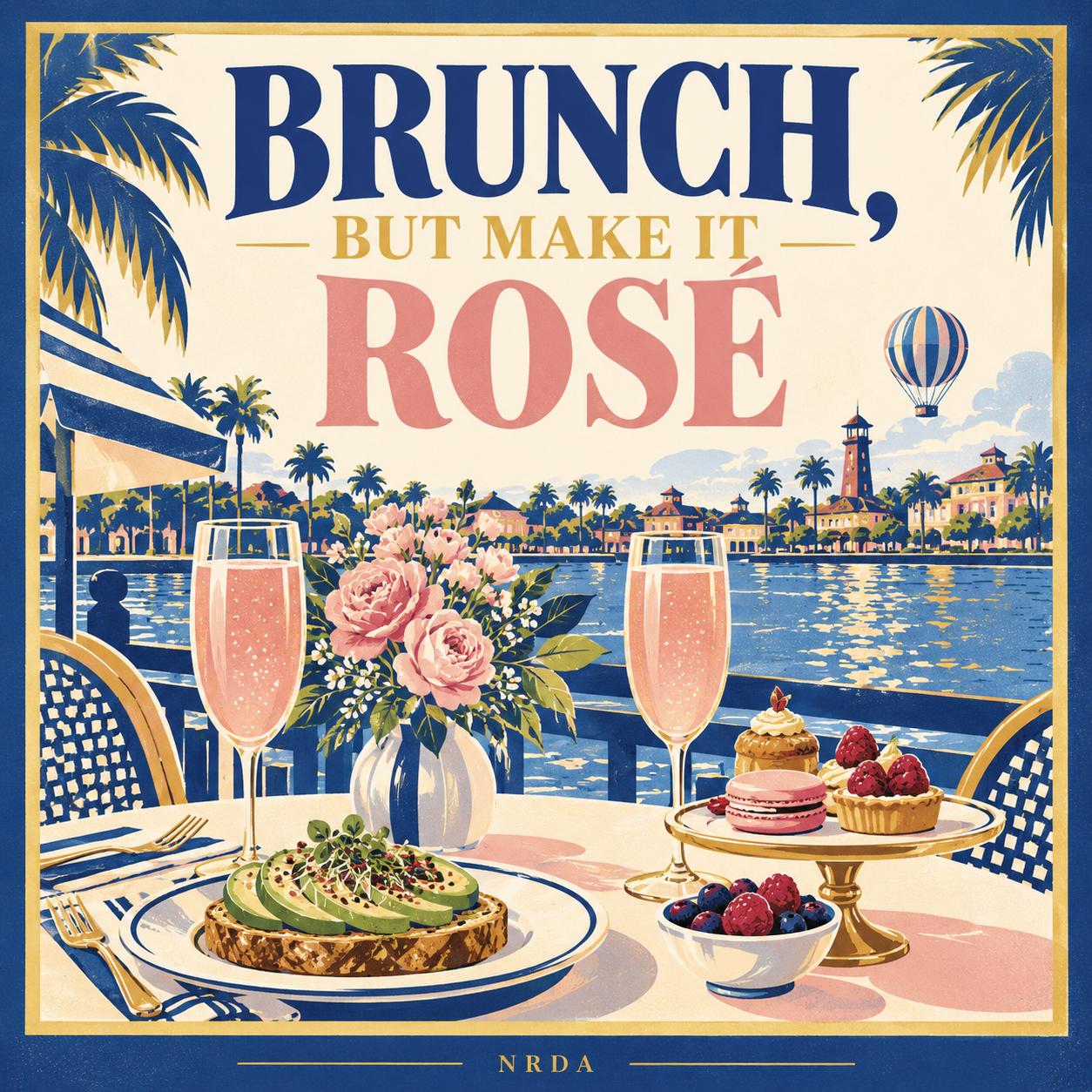 Original NRDA illustration of rosé drinks, brunch and flowers beside a stylized lake.