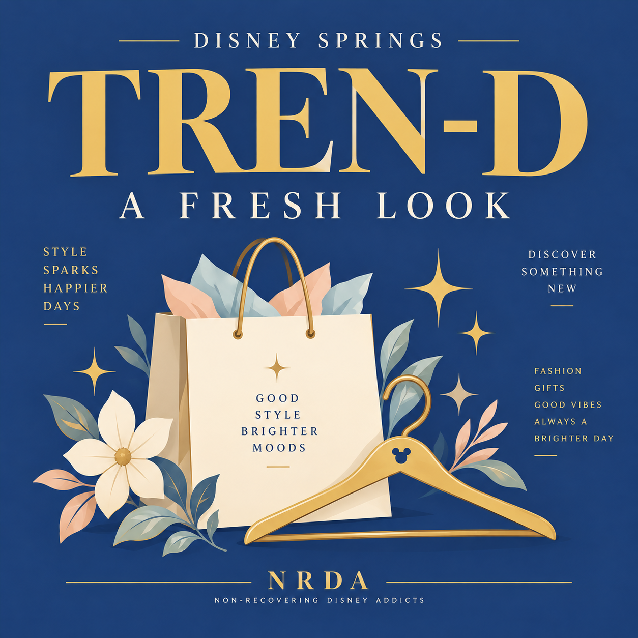 Original NRDA shopping illustration with a bag, hanger and flowers, reading Tren-D: A Fresh Look, Disney Springs.